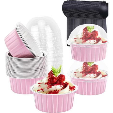 50 mini moldes para pasteles con tapas y cucharas, moldes redondos de aluminio para hornear, cajas de pan pequeñas, tazas para pan, postres, picnics y fiestas (rosa plateado)