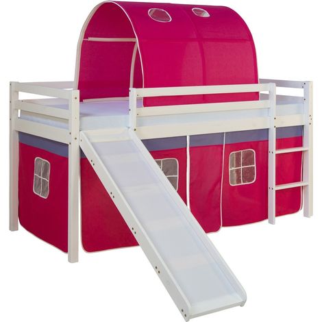 Letto a soppalco per bambini con rete a doghe scivolo tunnel e tenda modello rosa scuro 90x200 cm LIT06188