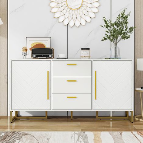 Buffet blanc élégant à motif chevrons avec 2 portes et 3 tiroirs pour cuisine, salon ou salle à manger (1/5)