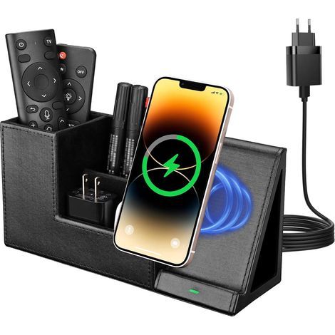 Porte-stylo 2 en 1, organiseur de bureau avec chargeur sans fil rapide, accessoires de bureau, 10 W, station de charge par induction compatible avec iPhone 15, 14, 13, 12 Pro Max et Samsung Galaxy S23 (1/5)