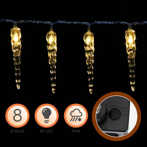 Randaco Guirlande Noel Exterieur, 10 m 40 LED Lumières de Stalactite Glaçons, Guirlande Lumineuse blanc chaud avec 8 Modes D'éclairage, IP44 étanche. (1/5)