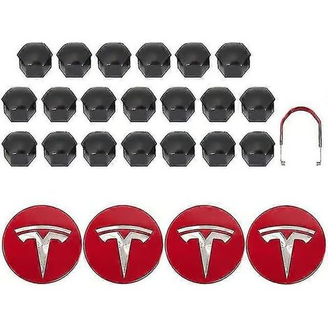 Kit de cache-moyeux pour Tesla Model 3 YSX, comprenant 4 cache-moyeux et 20 cache-écrous (rouge, gris et brillant). (1/5)