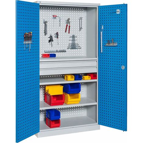 Armadio da officina forato - 2 cassetti e 2 ripiani - Blu e grigio - W030080001-GCBI