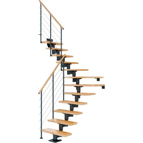 Dolle Mittelholmtreppe Cork Buche, lackiert 1/4 gewendelt 75 cm breit für GH 240 – 292 cm UK Metall Anthrazit mit Geländer