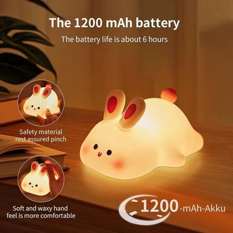 Veilleuse Lapin - LED Tactile 3 Niveaux - Minuterie 30 Min - Rechargeable Sans Fil - Blanc - 1 Pièce (1/5)