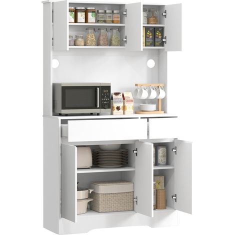 Buffet de cuisine moderne avec 4 placards, 2 tiroirs et étagères réglables, 100 x 38 x 180 cm, blanc (1/5)