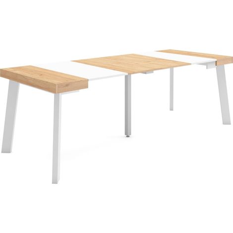 Skraut Home - Mesa Consola extensible, Mesa comedor plegable, 220, Para 10 comensales, Patas de madera, Estilo Moderno, Roble y blanco (1/5)