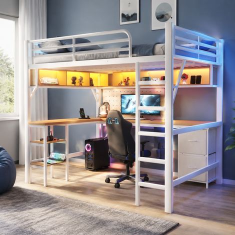 Cama alta de metal 140x200 cm con escritorio, estantería, USB y LED, blanca (1/5)
