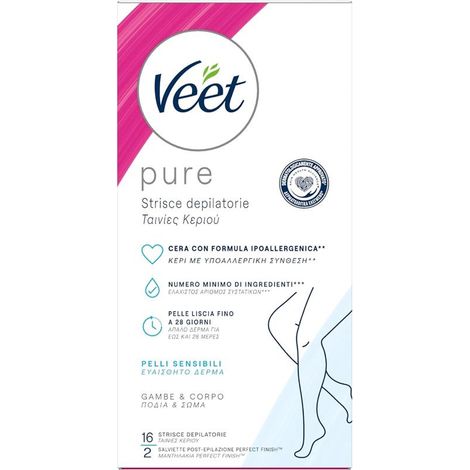 VEET STRISCE DEPILATORIE VISO + CORPO E ZONA BIKINI IPOALLERGENICHE16 STRISCE + SALVIETTE POST-EPILAZIONE (1/2)