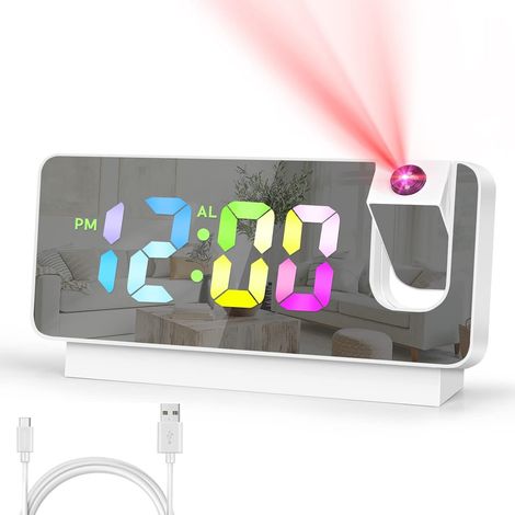 Digitaler Nachttisch-Projektionswecker mit LED-Anzeige, Projektor, 180° drehbare Projektion, 12/24 Stunden einstellbare Helligkeit, multifunktionaler Wecker, für Schlafzimmer (weiß) (1/5)