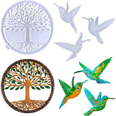 4pcs Moule Resine Epoxy, Moulle Silicone Arbre de La Vie Moulage Colibri Tree of Life Resin Molds Arbre Oiseau Pour Bricolage Décoration Murale, Décor D'intérieur (4pcs) (1/5)