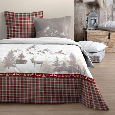 Parure de lit 3 pièces design montagne en coton Rouge 240x220 cm