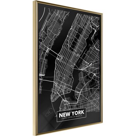 Affiche Murale Encadrée "City Map New York Dark" 30 x 42 cm Or