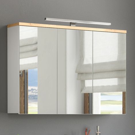 Spiegelschrank 100cm mit LED-Beleuchtung SOLNA-56 weiß mit Wotaneiche B/H/T ca. 100/74/20 cm (1/5)