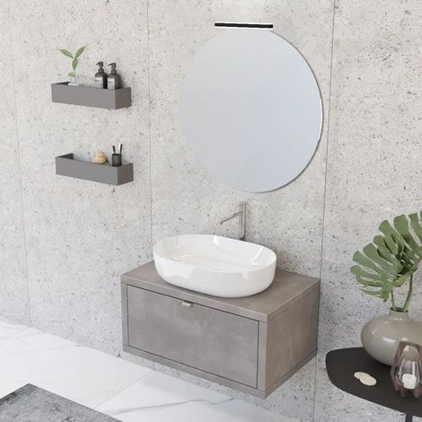 Mobile bagno sospeso 80 cm Master grigio cemento con lavabo appoggio e specchio (1/5)