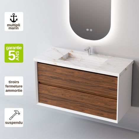 Meuble de salle de bain plan vasque Grès Cérame Blanc Storm, 2 Tiroirs,l100xh54xp45, Laqué Blanc Mat/Blanc, COOL (1/5)
