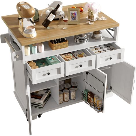 CHICFURN Isla de cocina 118x43x98 cm de MDF y metal blanca con almacenaje y mesa plegable (1/5)