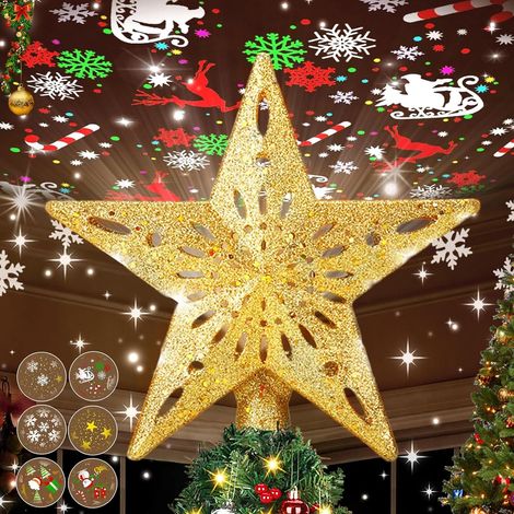 3D Etoile Sapin de Noel, Rotation à 360° Etoile Sapin de Noel Lumineuse, Cimier de Sapin de Noël avec Projecteur LED Dynamique (Or) (1/5)