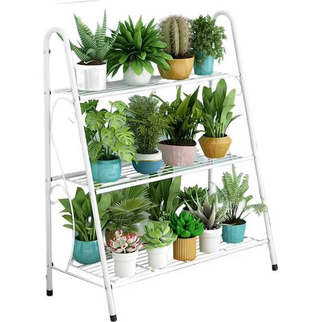 Support de fleurs en métal 3 étages – étagère de rangement pour plantes intérieur et extérieur – finition blanche (1/5)