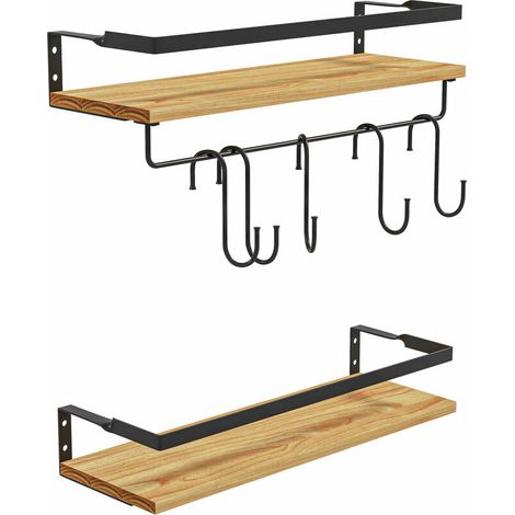 Homcom – Lot de 2 étagères murales flottantes en bois de sapin 43x15x11,5cm – Charge max. 3kg – Crochets pour ustensiles inclus