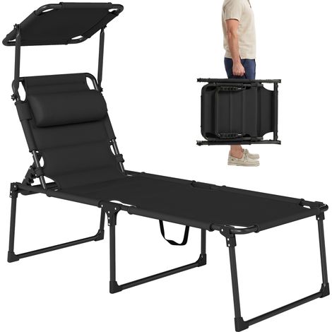 Klappbarer Gartenliegestuhl mit Sonnenschutz, verstellbarer Kopfstütze, schwarzem Oxford-Gewebe, Maße 70x200x45 cm, ideal zum Sonnenbaden und Entspannen im Freien.