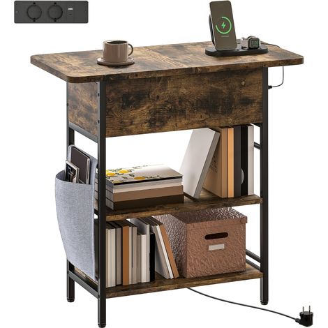 Mesita de Noche con 2 Estantes, Compartimento Abatible, Enchufes y Puertos USB, de Madera, Marrón Rústico, 60 x 29.8 x 58.5 cm (1/5)
