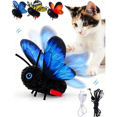 Jouet papillon interactif pour chat – Rechargeable par USB – Avec cataire et bande de résistance – Jouet virevoltant pour chats d’intérieur – Bleu (1/5)
