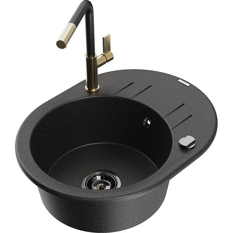 Mexen Kevin lavello in granito a 1 vasca con scolapiatti e rubinetto da cucina Flora, nero/argento metallizzato (1/5)