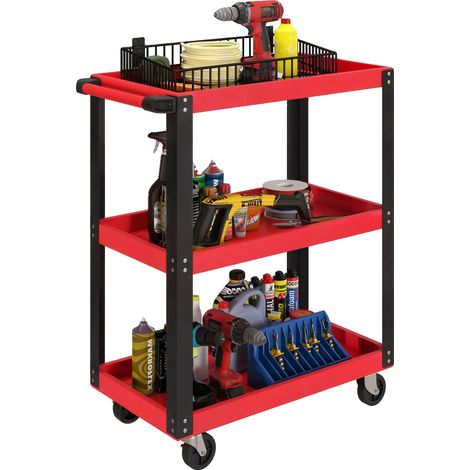 Chariot à outils, 3 étagères, roues pivotantes, Rouge, 70.5X35X82.5 cm (1/5)