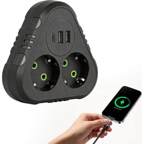 JSSEVN-Multiprise Electrique, 2500W/10A Multiprise Murale Electrique, 5 en 1 Prise Multiple avec 2 Prises, 2 Ports USB,1Type-C,Convient pour Domicile, Bureau