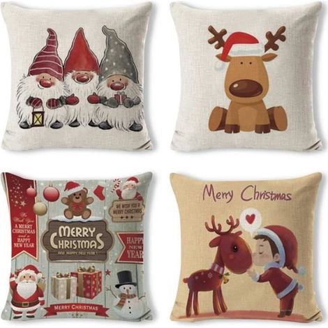4 dekorative Weihnachtsmann-Kissenbezüge aus Leinen-Baumwolle für das Sofa, 45x45 cm