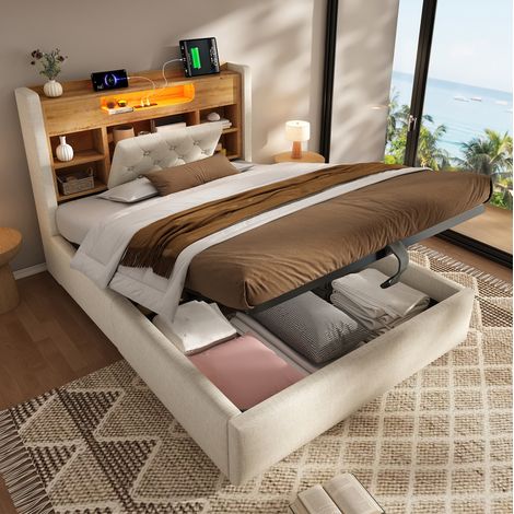 Cama infantil tapizada con almacenamiento e iluminación LED, 90x200 cm, con puerto USB-C, cabecero con espacio de almacenamiento y tapizado de lino beige (1/5)