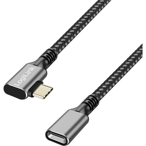 Cable USB-C 3.2 Gen1 de 5 Gbps y 100 W PD de 90° LogiLink Cable de extensión C/M-C/F de 2 m Aluminio Negro Gris (1/5)