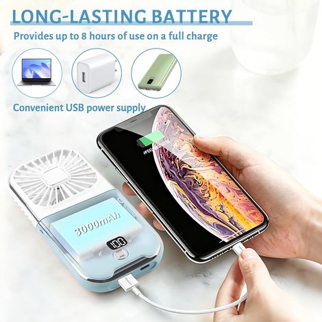 Mini Ventilateur Portable- Silencieux, 4 Vitesses, avec Batterie 3000mAh Affichage Numérique, pour Maison, Extérieur- Blanc et bleu (1/4)