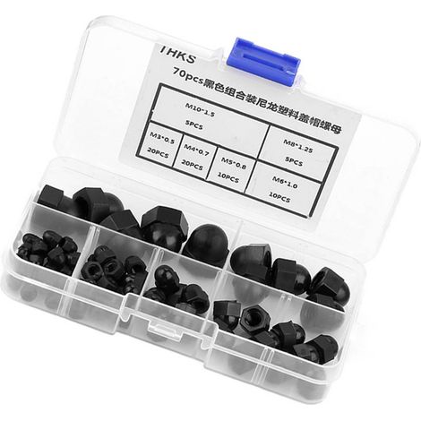 Kit de 70 écrous borgnes en nylon M3/M4/M5/M6/M8/M10 à tête bombée et capuchon hexagonal (noir) (1/5)