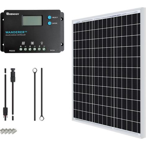 Renogy Kit Solare 50W 12V con Pannello Solare, Regolatore di Carica PWM LCD 10A 12/24V, Cavi di Collegamento e USB 5V - Per Camper, Barche, Rimorchi e Sistemi Off-Grid