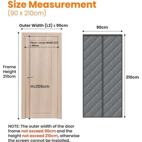 Rideau Porte Magnétique, Isolation Thermique, 90x210cm, Protection Contre le Froid, Imperméable, Coupe Vent, Coupe Froid, Sans Perçage, Rideau Isolant Aimanté pour Porte, Gris Foncé (1/3)