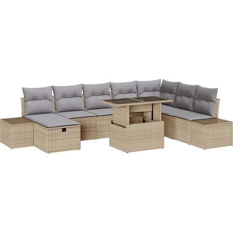 Conjunto de sofá de jardín 9 uds. Beige ratán sintético vidaXL (1/5)