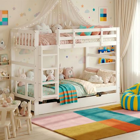 Lit Superposé 90x200, Transformable en 2 Lits – Lit Adulte avec Sommier, Sécurité avec Garde-Corps, avec Tiroirs – Blanc (1/5)
