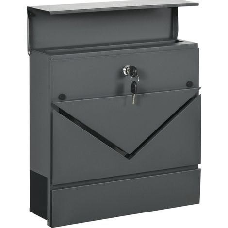 Cassetta postale in acciaio grigio scuro con coperchio, serratura e porta giornali (1/5)