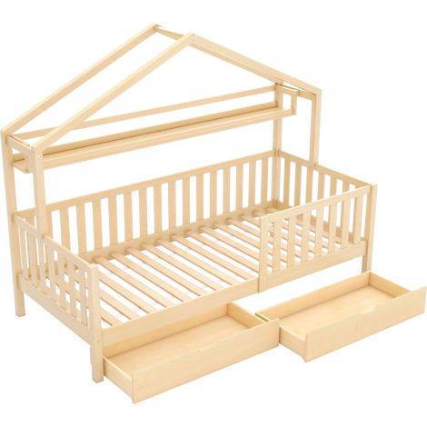 Cama cabaña infantil de madera natural con cajones 90 x 200 cm HOMVRA (1/5)