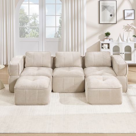 Divano Modulare a U 3 Posti con 2 Pouf, Seduta Profonda, per Soggiorno, Poliestere Beige, 271 × 162 × 67 cm (1/5)