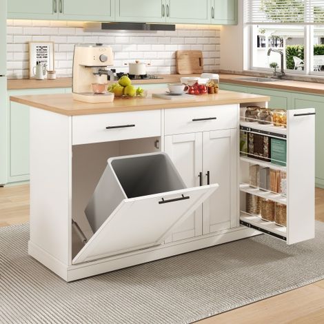 Îlot de cuisine sur roulettes avec plan de travail rabattable, desserte de cuisine avec compartiment à poubelle, étagère à épices à 4 niveaux, 2 tiroirs et roulettes blocables, 120 × 45 (70) × 93 cm,b