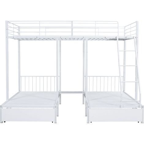 Lit superposé triple en métal 140x200 et 90x200 avec tiroirs, séparable en 3 lits, cadre robuste blanc (1/5)