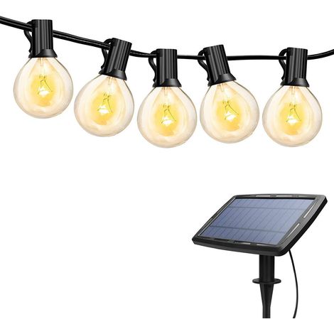 Guirlande lumineuse solaire 7,6M avec 25 ampoules G40, IP44 étanche, blanc chaud, pour jardin, terrasse, arbres ou décoration extérieure festive (1/5)