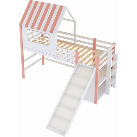 Lit pour enfant 90 x 200 cm, design mezzanine avec échelle de sécurité et toboggan sécurisé, rangements à plusieurs niveaux, lit multifonction en bois massif, lit une place, rose (1/5)