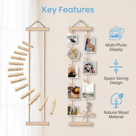 Corde à suspendre photos en bois naturel avec 15 pinces en bois et 1 crochet mural, cadre d’affichage multi-photos sans perçage, décoration murale gain de place pour chambre, dortoir, bureau et salon (1/5)