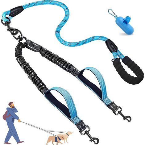 Laisse Double pour 2 Chiens, Laisse Élastique Réfléchissante avec Rotation À 360°, Deux Poignées Rembourrées Et Sacs À Déjections pour La Marche Et l'Entraînement,Bleu (1/5)