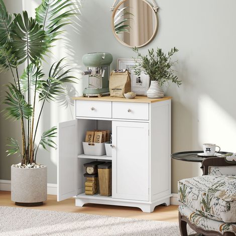 HOMCOM Meuble de rangement buffet salon avec placards à portes. 2 tiroirs et étagère réglable. armoire de rangement pour salon. cuisine. chambre. blanc et bois naturel