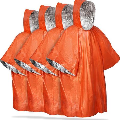 Poncho de pluie - 4 pièces - Couverture de survie - Poncho de Survie d'urgence - 100 x 130 cm - Réversible - Capuche - Imperméable - Portable - Mains libres - Kit Plein air - Pour activités de outdoor (1/5)